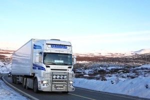 Truck auf der E 6 Einige der "harten Jungs" haben den gleichen Weg wie ich. Andere kommen aus dem hohen Norden aus Richtung Trondheim die E 6 heruntergefahren.