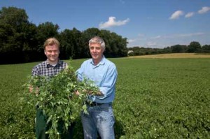 Henry_li_Harry_re_von_Bülow Tradition verpflichtet. Henry (links) und Harry von Bülow aus Alt Bokhorst sind sich einig. Solange die alte Erbsenpaalmaschine in der Feldscheune ihren Dienst tut, sollen auf dem Hof auch frische Zuckererbsen angebaut werden.