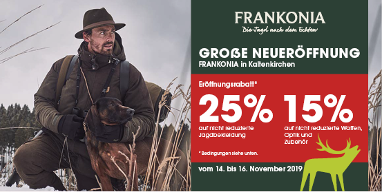 Frankonia kommt nach Kaltenkirchen. Schleswig-Holsteins Jäger und Jägerinnen dürfen sich freuen. Vom 14. bis 16. November lädt der Jagdausrüster zur großen Neueröffnung ein.